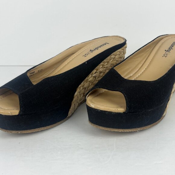 Laundry List Wedge Sandals Size 8.5 EU 39 Black Beige Fabric Heel 3.5in Open Toe - Picture 2 of 6
